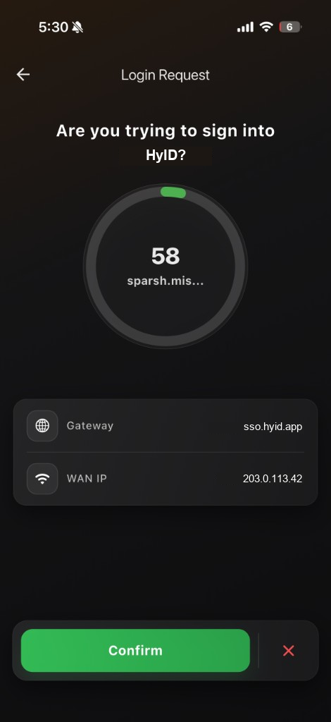 HyID login request asking to confirm sign-in with gateway and WAN IP